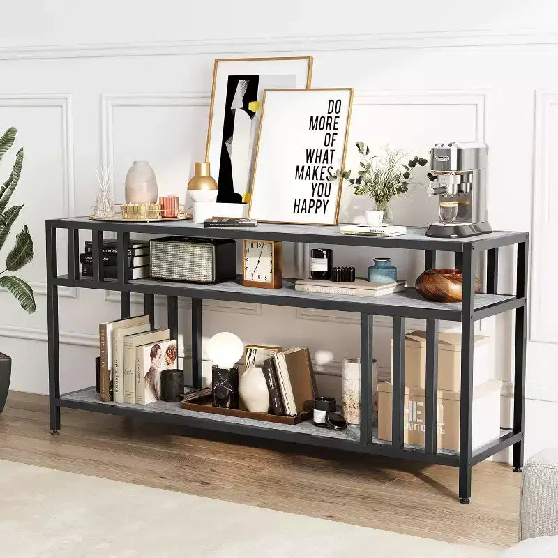 65" Brown/Grey TV Stand with Open Shelves, 4-Tube Frame, Fits up to 75" TVs