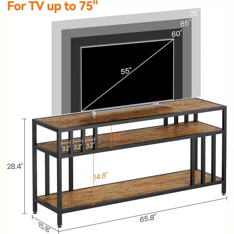 65" Brown/Grey TV Stand with Open Shelves, 4-Tube Frame, Fits up to 75" TVs