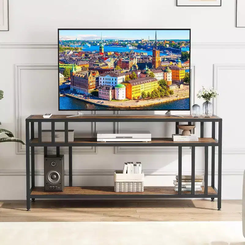 65" Brown/Grey TV Stand with Open Shelves, 4-Tube Frame, Fits up to 75" TVs