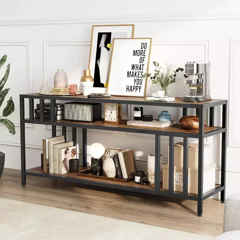 65" Brown/Grey TV Stand with Open Shelves, 4-Tube Frame, Fits up to 75" TVs
