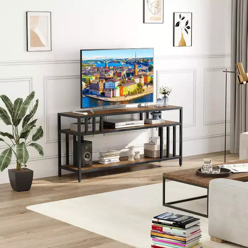 65" Brown/Grey TV Stand with Open Shelves, 4-Tube Frame, Fits up to 75" TVs