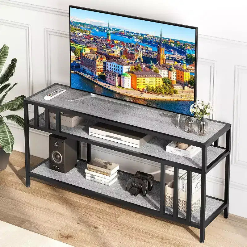 65" Brown/Grey TV Stand with Open Shelves, 4-Tube Frame, Fits up to 75" TVs