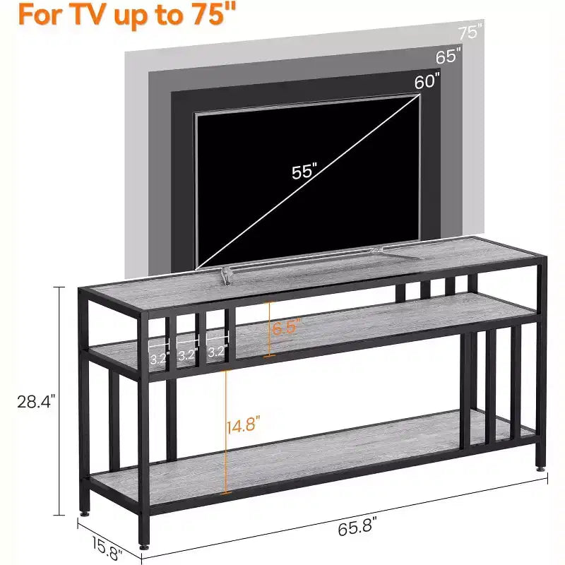 65" Brown/Grey TV Stand with Open Shelves, 4-Tube Frame, Fits up to 75" TVs