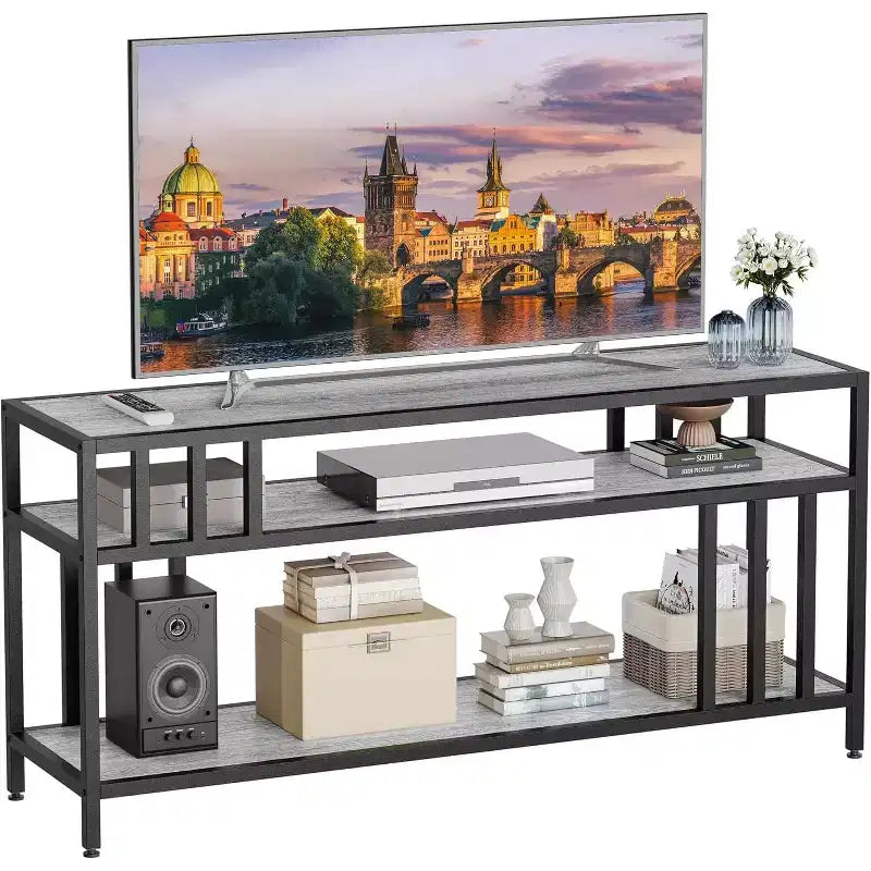65" Brown/Grey TV Stand with Open Shelves, 4-Tube Frame, Fits up to 75" TVs