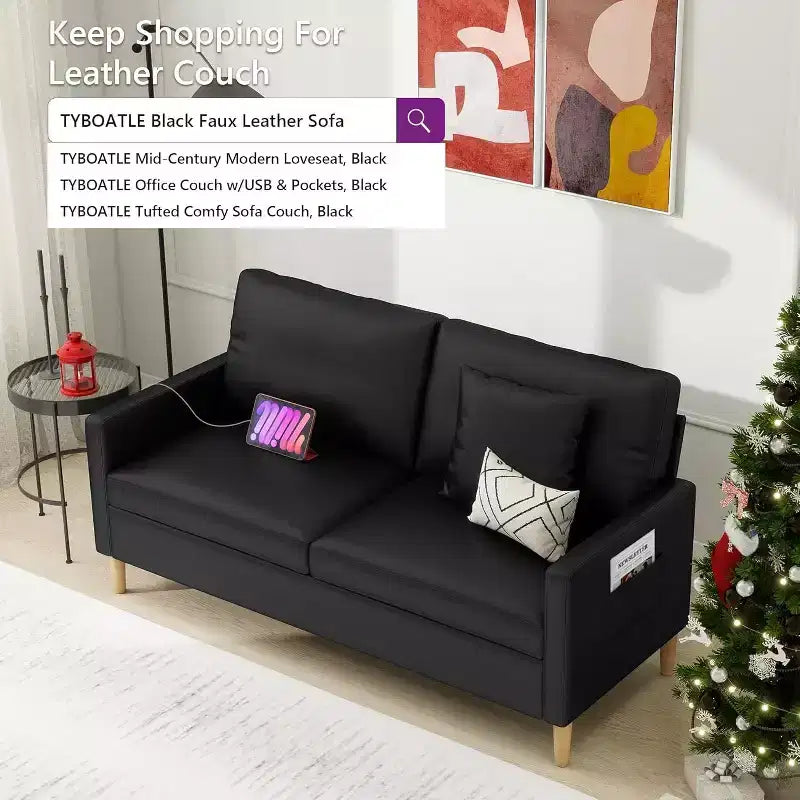 Black Faux Leather Tufted Loveseat, Mid-Century Modern 2-Seater Sofa
