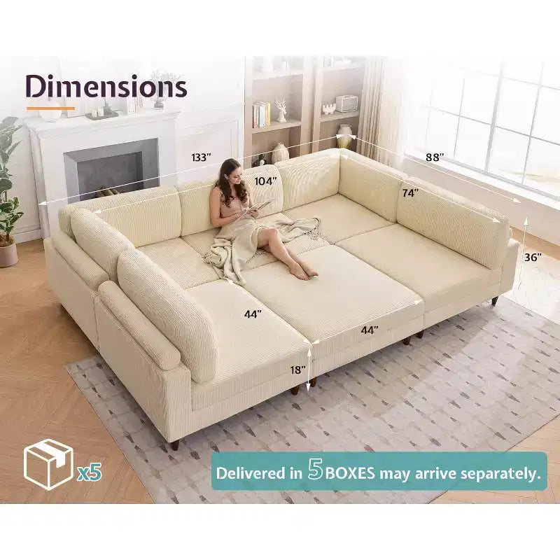 Beige Modular Sectional Sofa, L/U-Shape, Seats 6