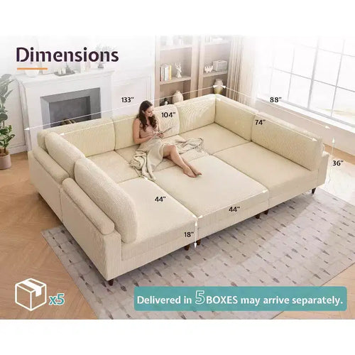 Beige Modular Sectional Sofa, L/U-Shape, Seats 6