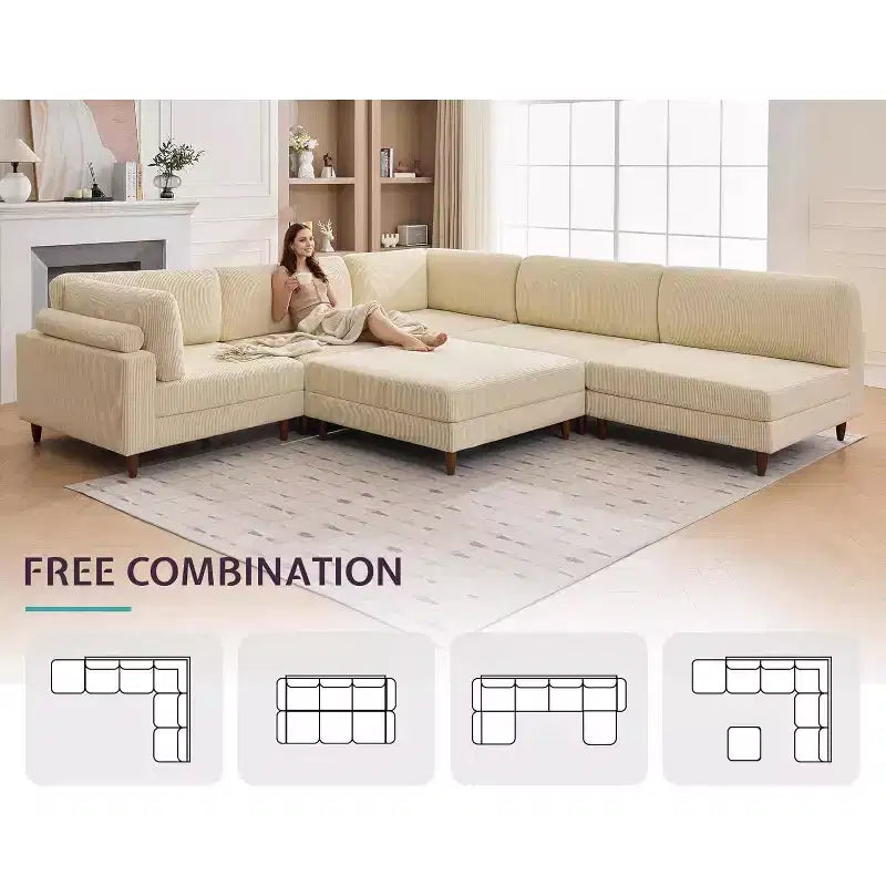 Beige Modular Sectional Sofa, L/U-Shape, Seats 6