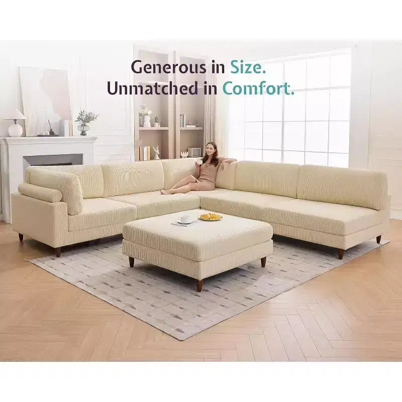 Beige Modular Sectional Sofa, L/U-Shape, Seats 6
