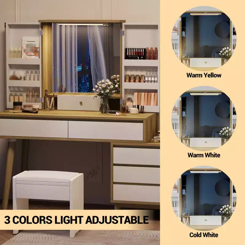White Makeup Vanity Desk with LED Mirror, 6 Drawers & Open Shelves, Single-User Dressing Table for Bedroom
