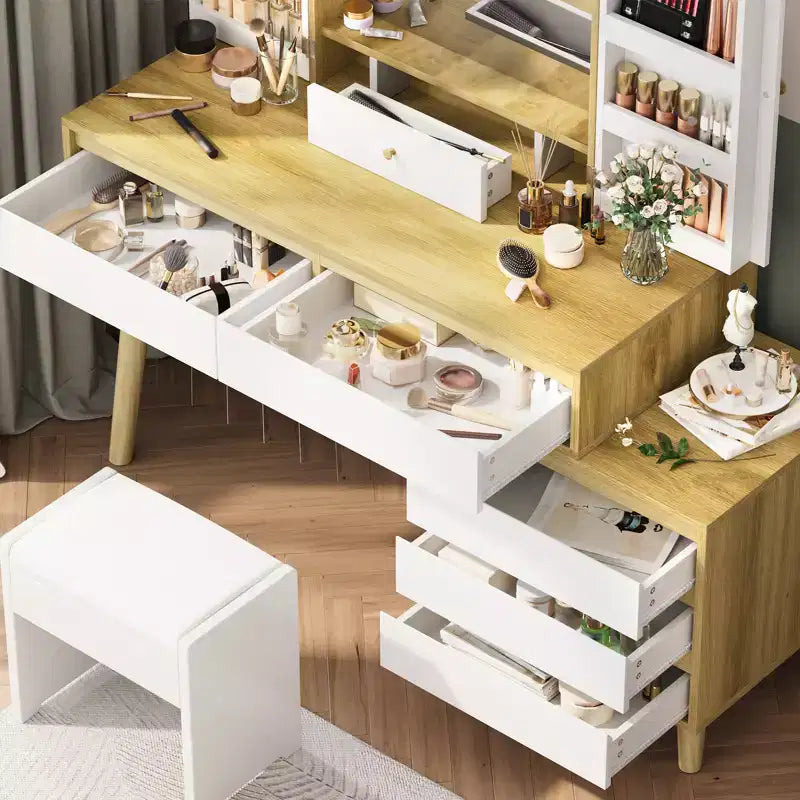 White Makeup Vanity Desk with LED Mirror, 6 Drawers & Open Shelves, Single-User Dressing Table for Bedroom
