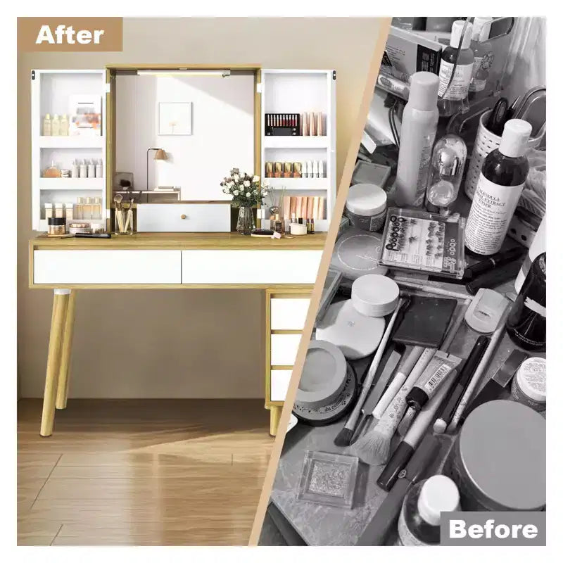 White Makeup Vanity Desk with LED Mirror, 6 Drawers & Open Shelves, Single-User Dressing Table for Bedroom