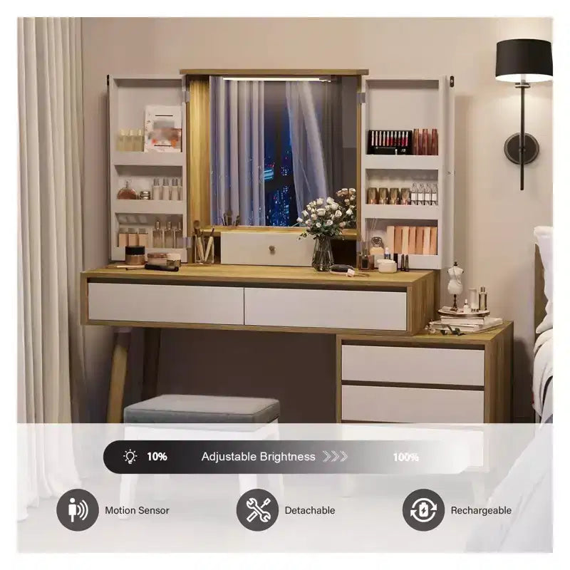 White Makeup Vanity Desk with LED Mirror, 6 Drawers & Open Shelves, Single-User Dressing Table for Bedroom