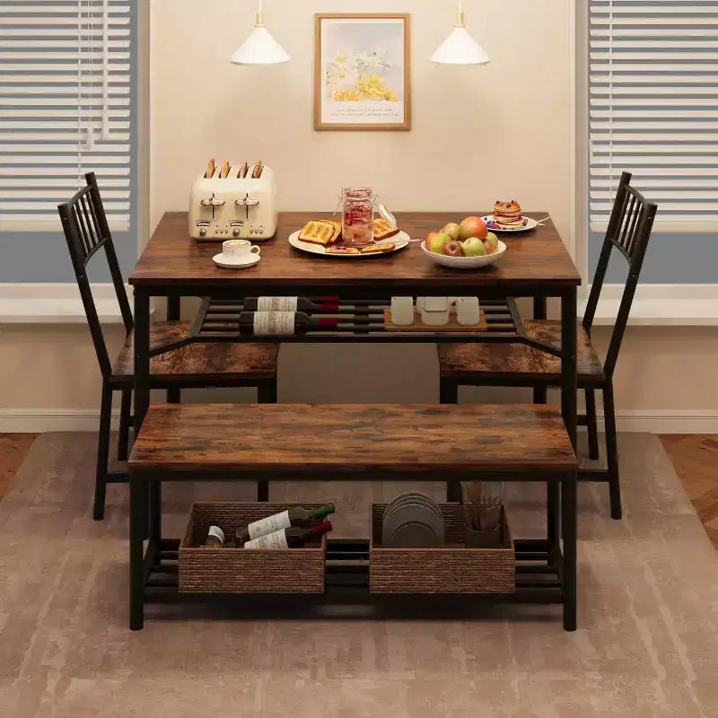 Grey / Retro Color Rectangular Dining Table Set for 4 – 2 Chairs & 1 Bench
