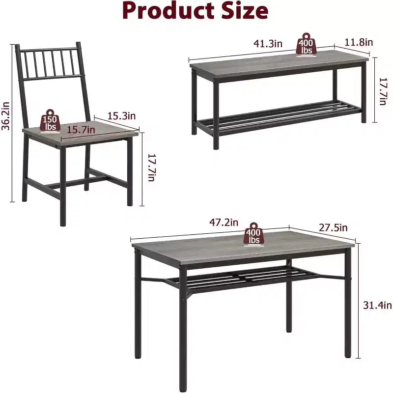 Grey / Retro Color Rectangular Dining Table Set for 4 – 2 Chairs & 1 Bench