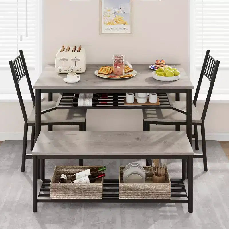 Grey / Retro Color Rectangular Dining Table Set for 4 – 2 Chairs & 1 Bench