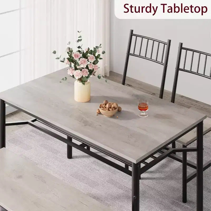 Grey / Retro Color Rectangular Dining Table Set for 4 – 2 Chairs & 1 Bench