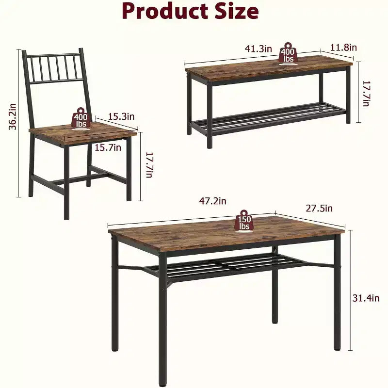 Grey / Retro Color Rectangular Dining Table Set for 4 – 2 Chairs & 1 Bench