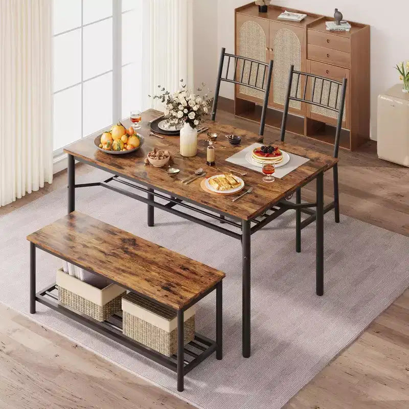 Grey / Retro Color Rectangular Dining Table Set for 4 – 2 Chairs & 1 Bench