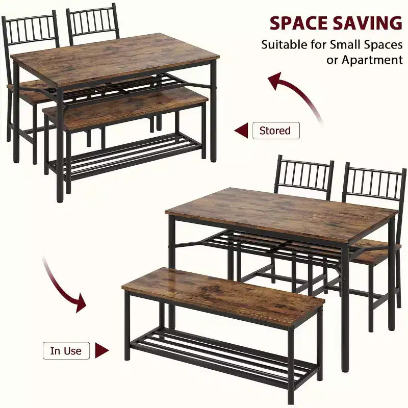 Grey / Retro Color Rectangular Dining Table Set for 4 – 2 Chairs & 1 Bench
