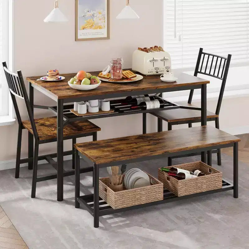 Grey / Retro Color Rectangular Dining Table Set for 4 – 2 Chairs & 1 Bench