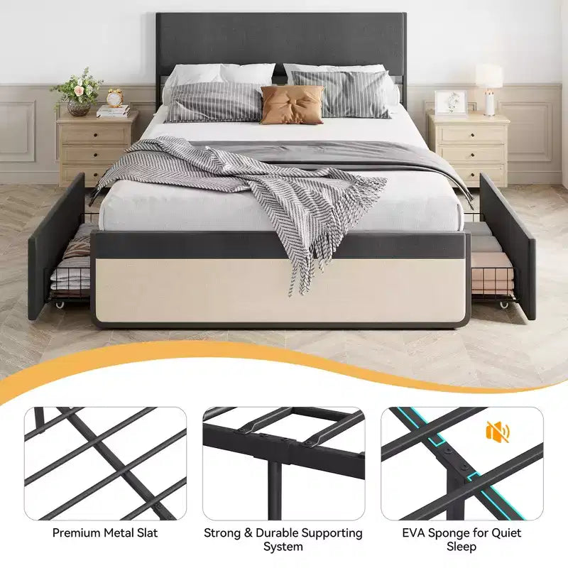 Gray Upholstered Platform Bed with Tufted Headboard & 2 Storage Drawers, Full/Queen, for 1–2