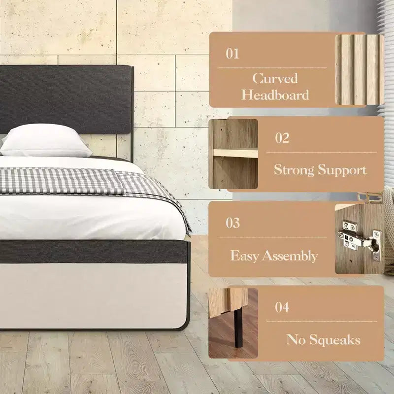 Gray Upholstered Platform Bed with Tufted Headboard & 2 Storage Drawers, Full/Queen, for 1–2