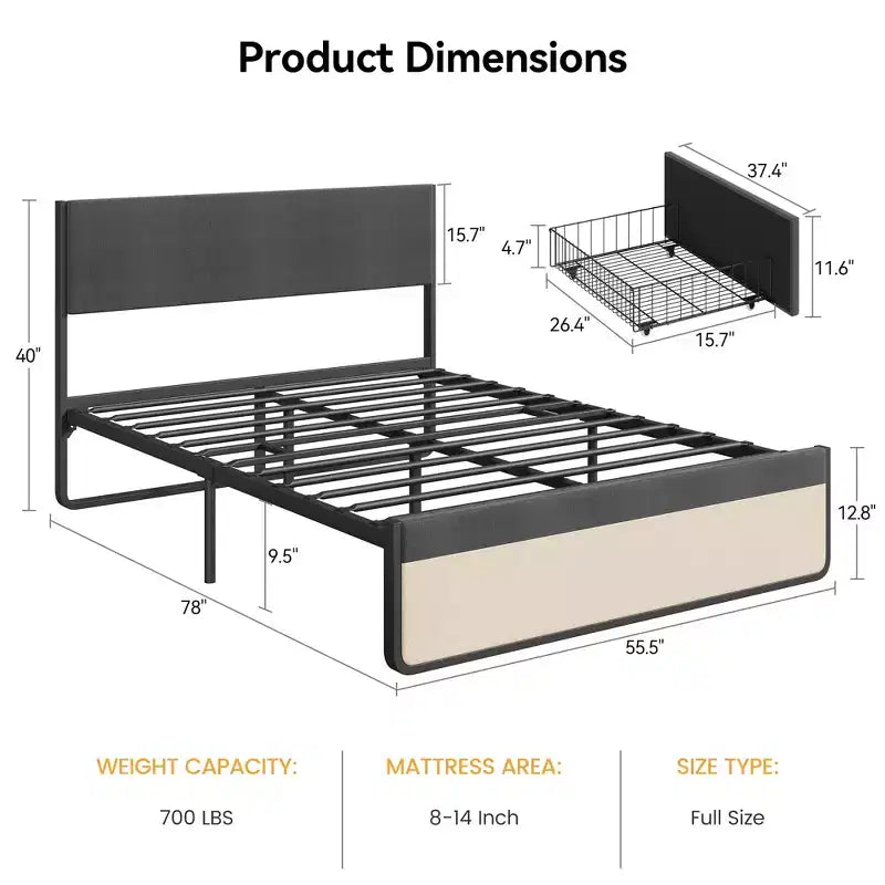 Gray Upholstered Platform Bed with Tufted Headboard & 2 Storage Drawers, Full/Queen, for 1–2