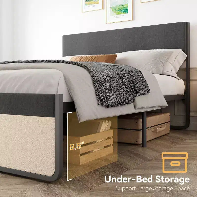 Gray Upholstered Platform Bed with Tufted Headboard & 2 Storage Drawers, Full/Queen, for 1–2