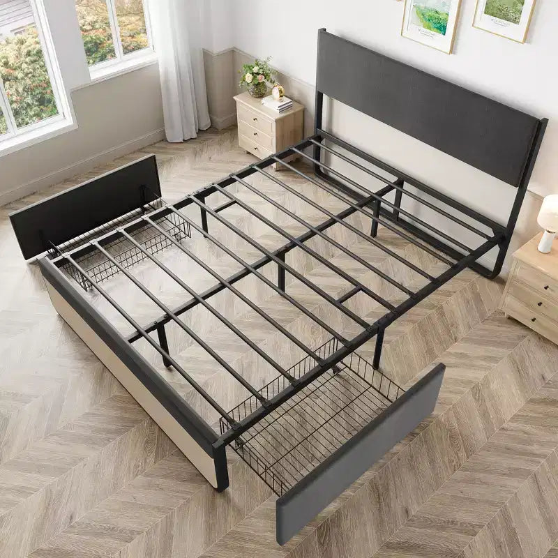 Gray Upholstered Platform Bed with Tufted Headboard & 2 Storage Drawers, Full/Queen, for 1–2