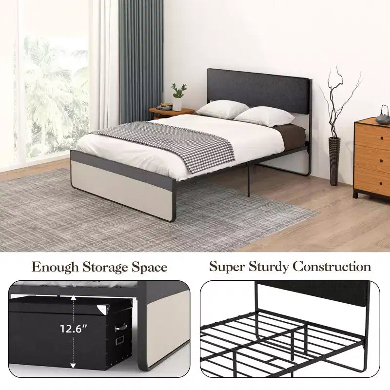 Gray Upholstered Platform Bed with Tufted Headboard & 2 Storage Drawers, Full/Queen, for 1–2