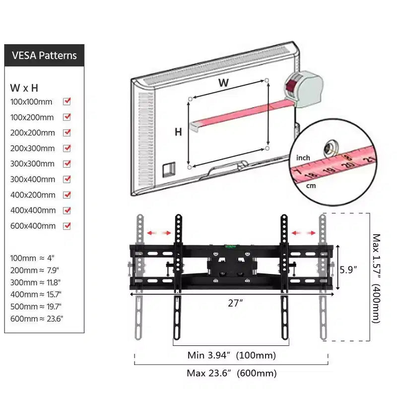 Black Full-Motion TV Wall Mount, Tilt & Swivel, Fits 32"–70", 1-TV