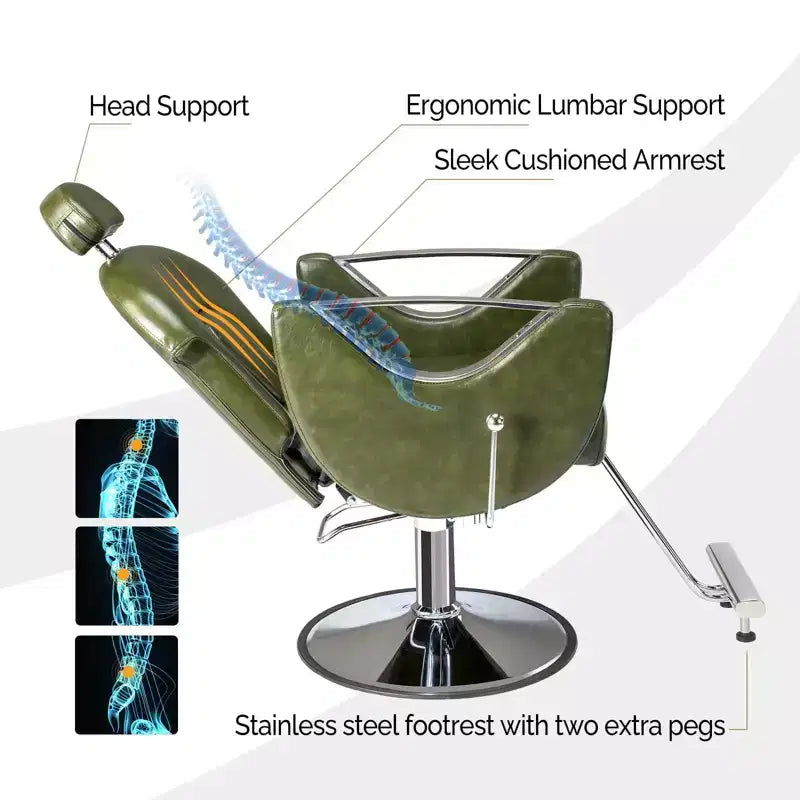 Black / Green Reclining Salon Chair with Removable Headrest, Single Seat
