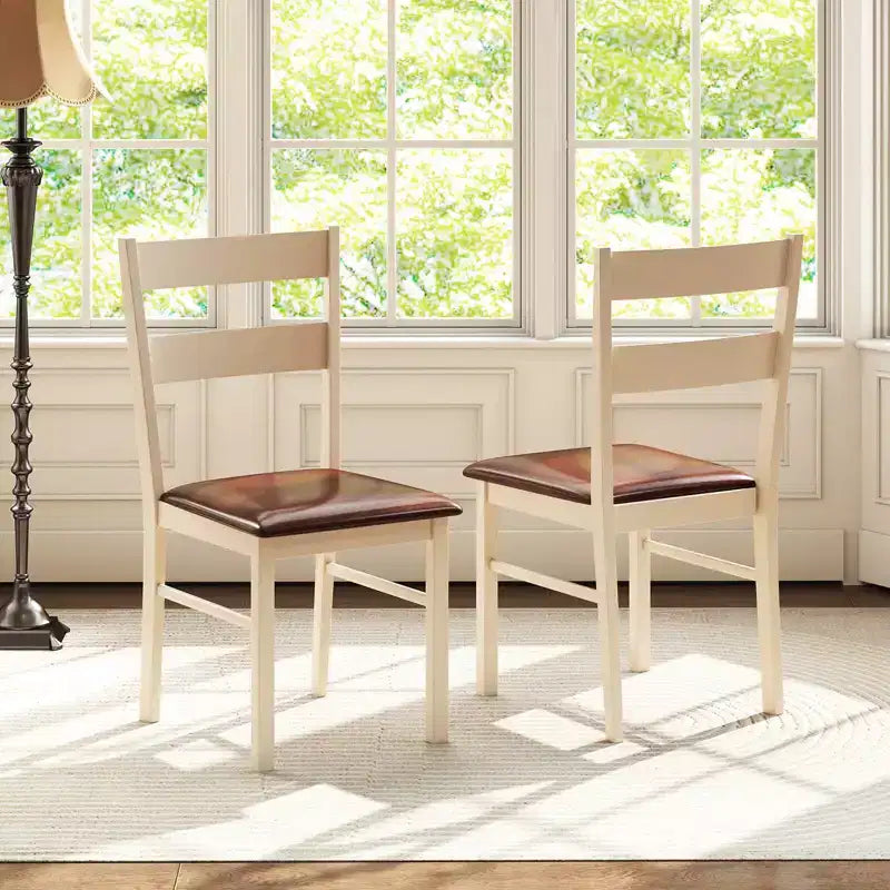 White & Brown Armless Dining Chair with PU Leather Seat, Set of 2/4