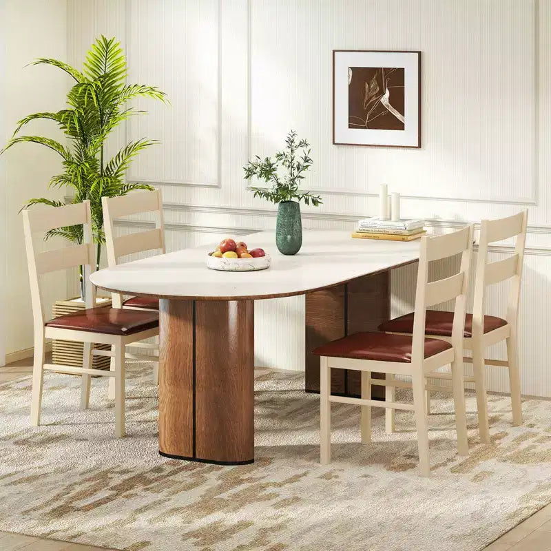 White & Brown Armless Dining Chair with PU Leather Seat, Set of 2/4