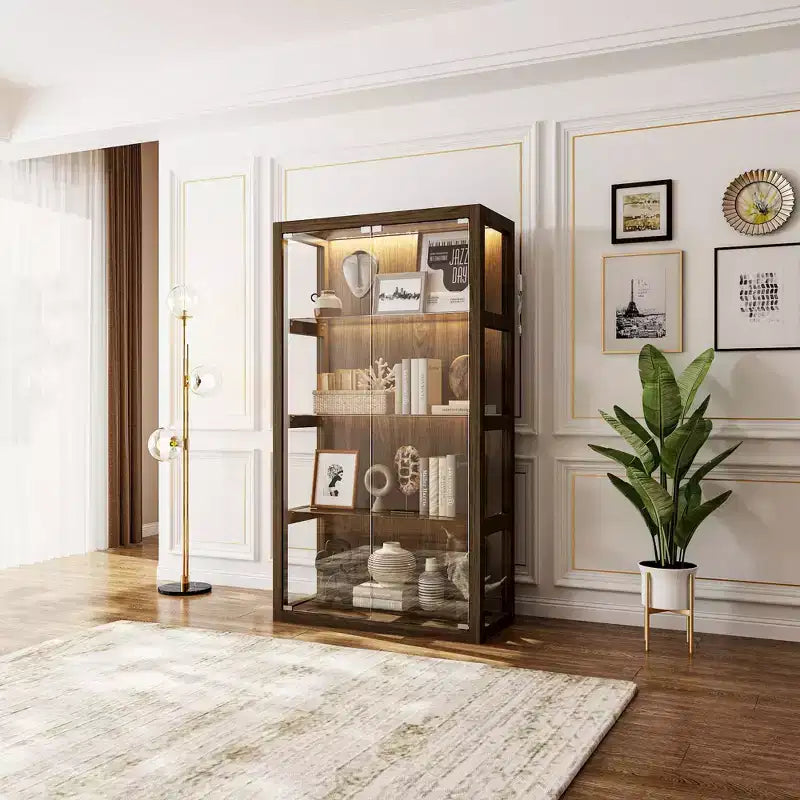 Brown Glass Display Cabinet with LED Lights, 2-Door, Single