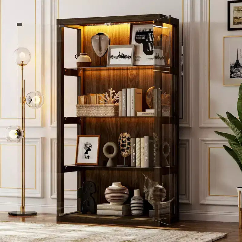Brown Glass Display Cabinet with LED Lights, 2-Door, Single