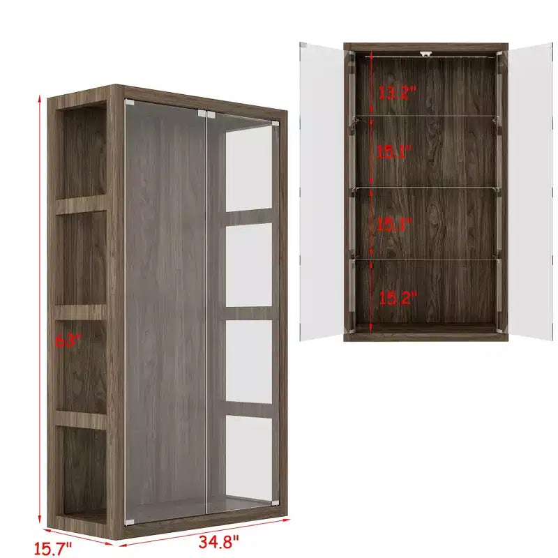 Brown Glass Display Cabinet with LED Lights, 2-Door, Single
