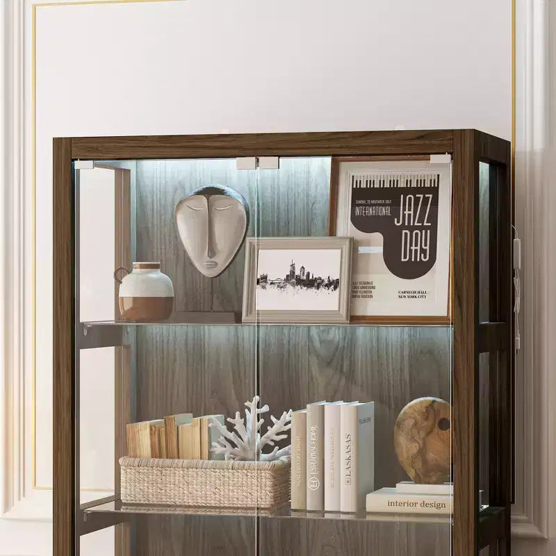 Brown Glass Display Cabinet with LED Lights, 2-Door, Single