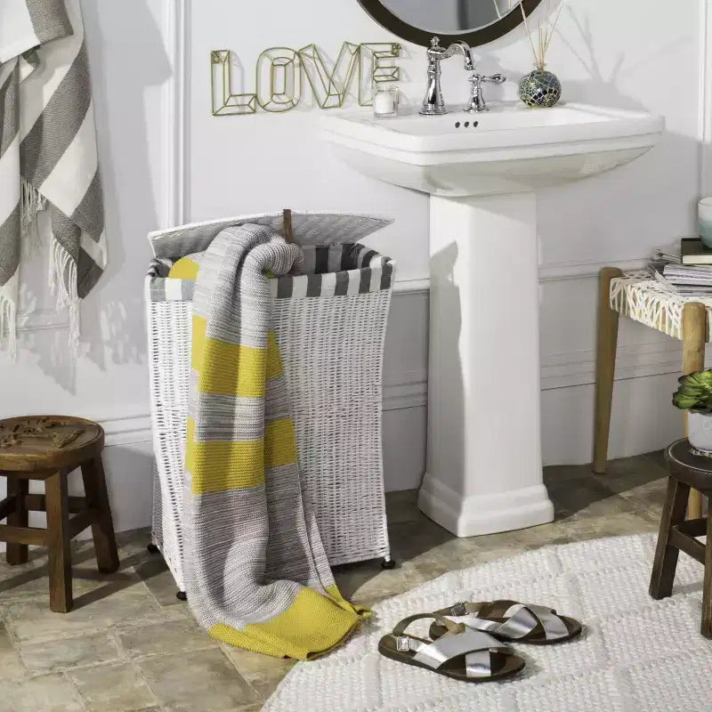 White Rattan Laundry Hamper with Lid, Single Compartment