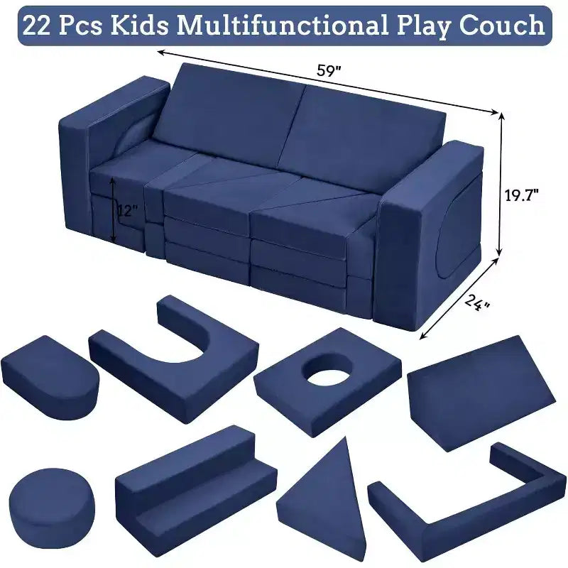 Blue/Grey Modular Foam Play Couch – 22-Piece Sectional Set for 2 Kids