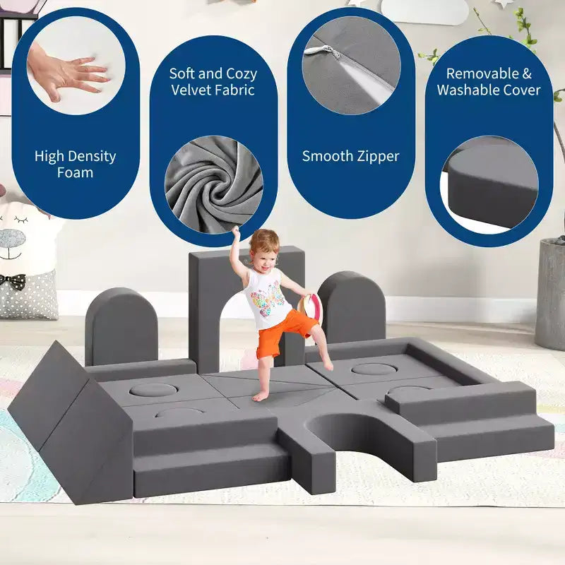 Blue/Grey Modular Foam Play Couch – 22-Piece Sectional Set for 2 Kids