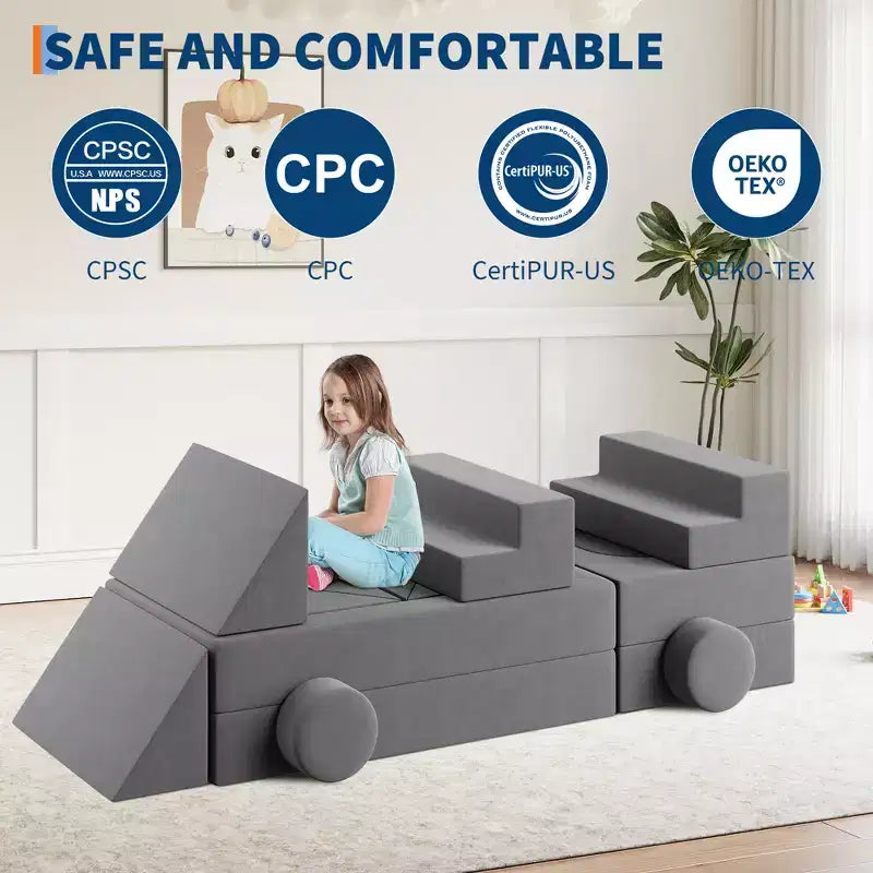 Blue/Grey Modular Foam Play Couch – 22-Piece Sectional Set for 2 Kids