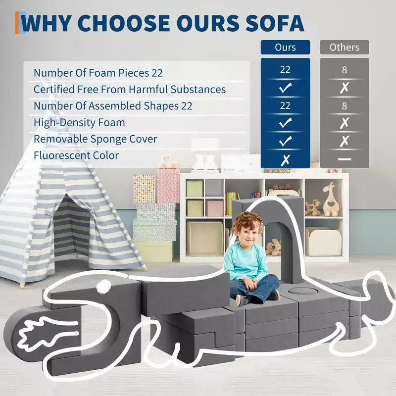Blue/Grey Modular Foam Play Couch – 22-Piece Sectional Set for 2 Kids