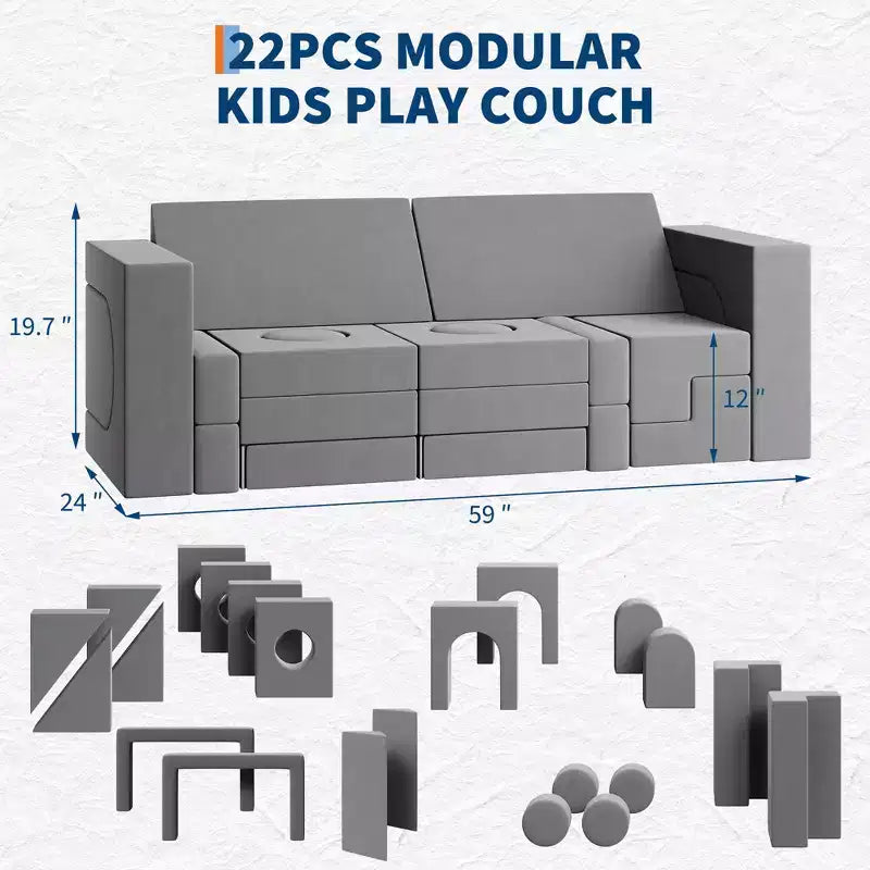 Blue/Grey Modular Foam Play Couch – 22-Piece Sectional Set for 2 Kids