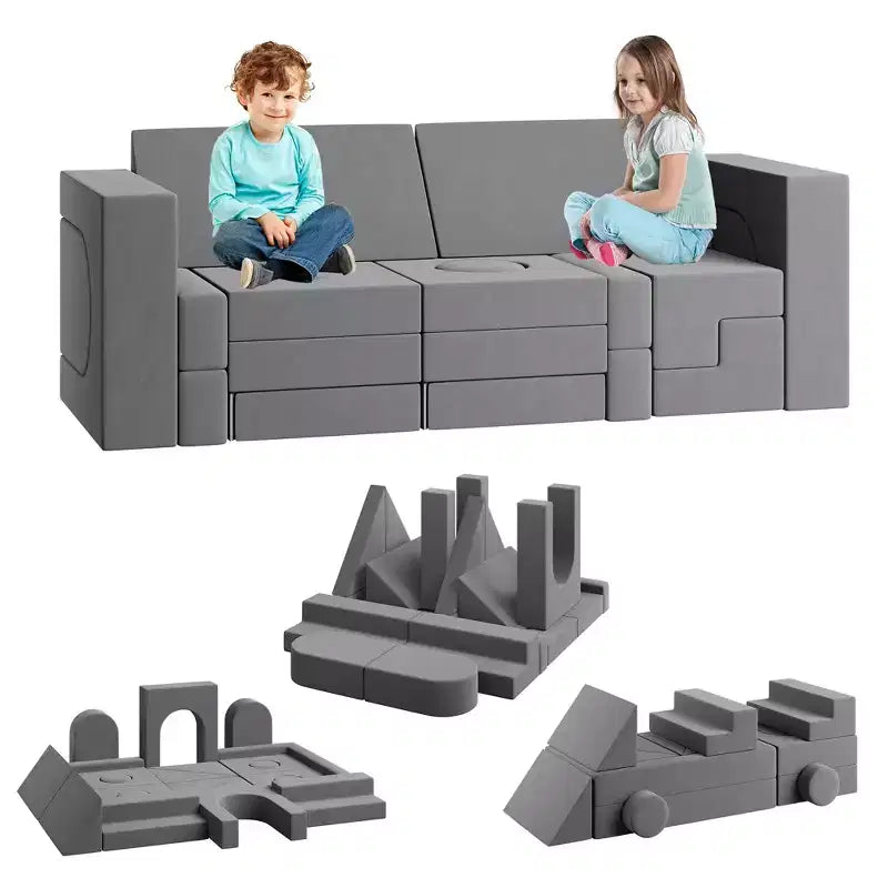 Blue/Grey Modular Foam Play Couch – 22-Piece Sectional Set for 2 Kids