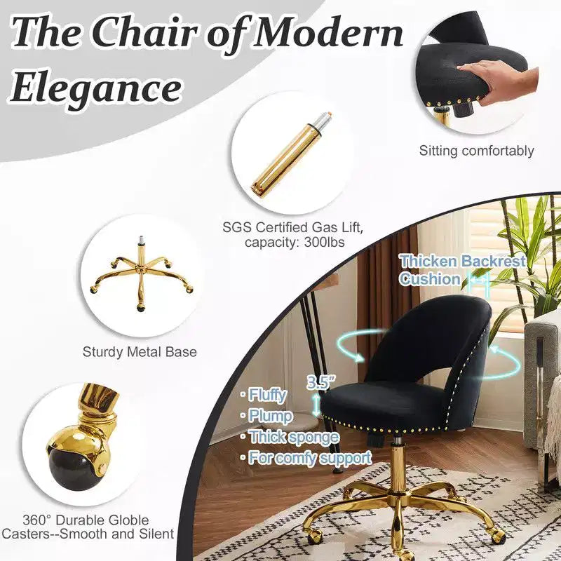 Multi-Color Velvet Armless Swivel Desk Chair with Wheels, Single Seat