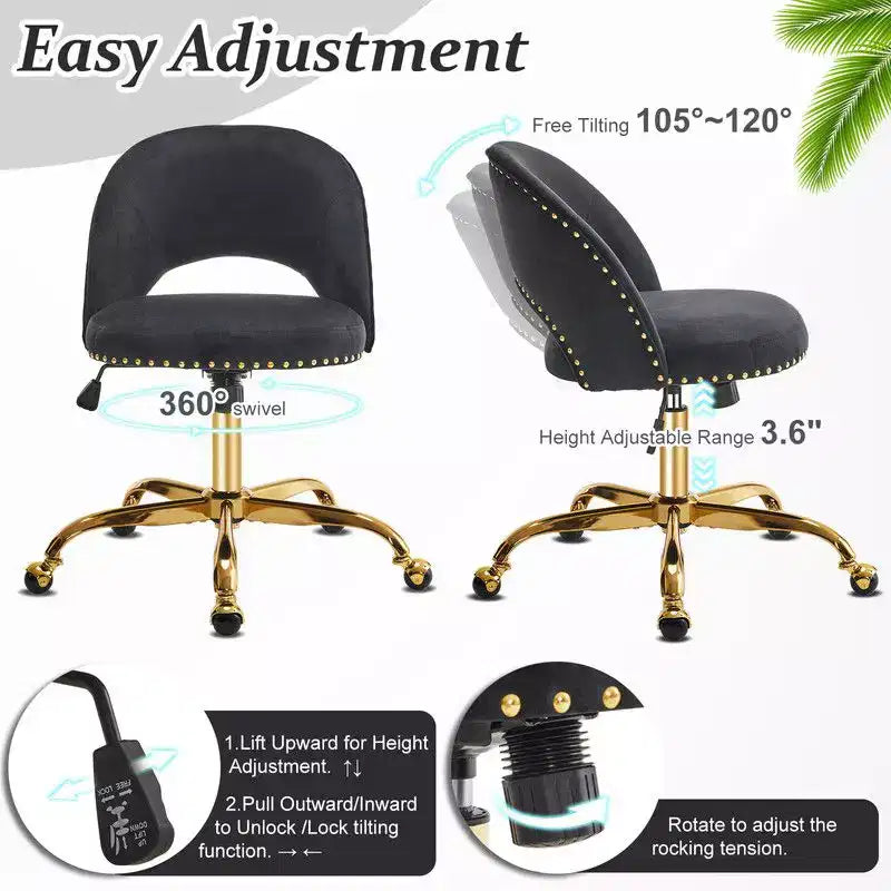 Multi-Color Velvet Armless Swivel Desk Chair with Wheels, Single Seat