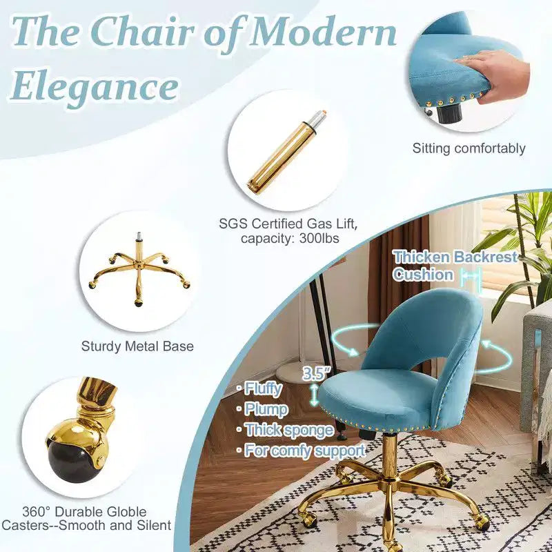 Multi-Color Velvet Armless Swivel Desk Chair with Wheels, Single Seat
