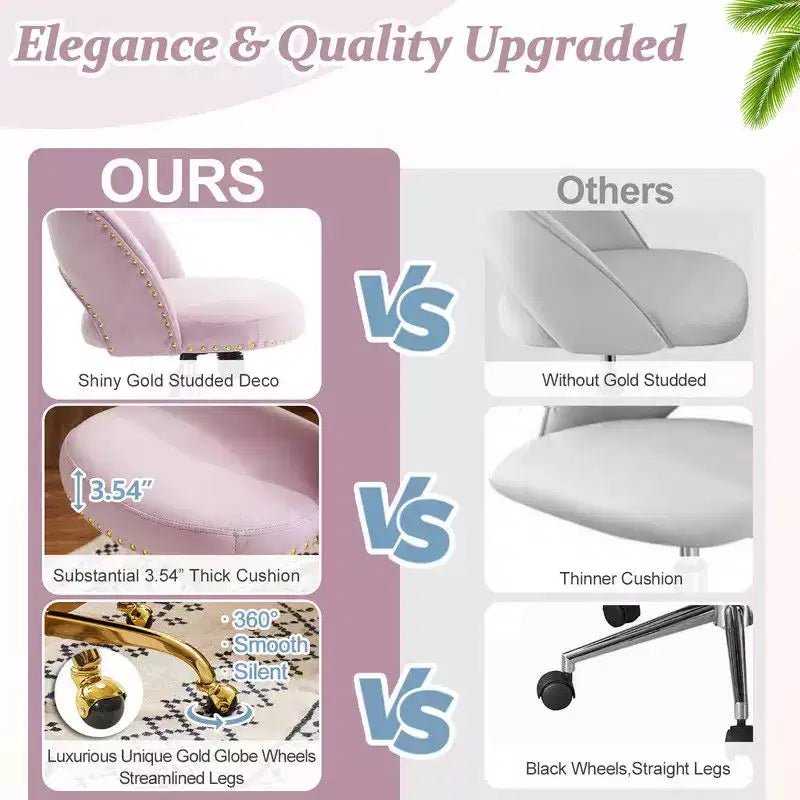 Multi-Color Velvet Armless Swivel Desk Chair with Wheels, Single Seat
